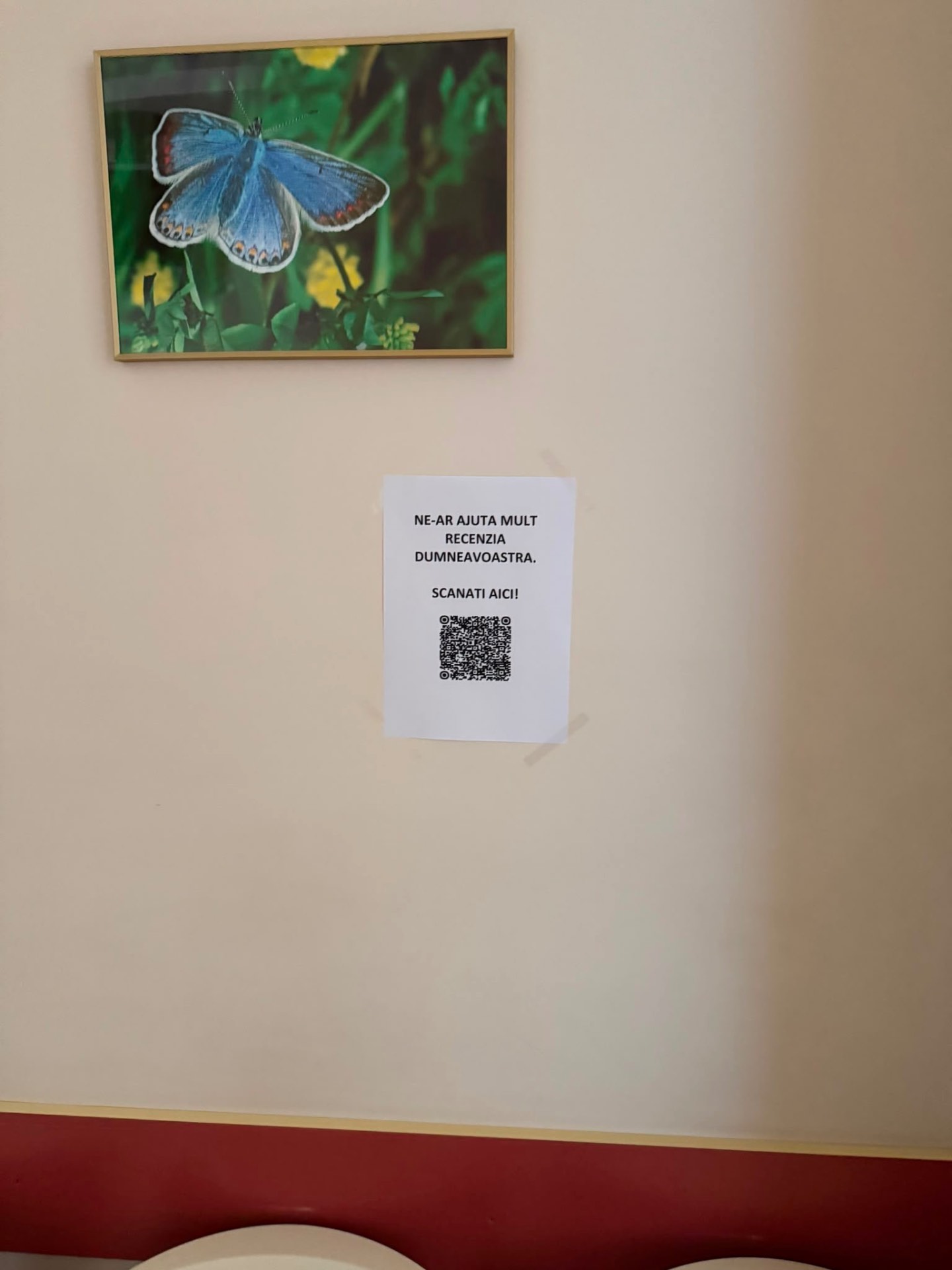 Afiș cu un cod QR pentru recenzii amplasat în interiorul unei locații