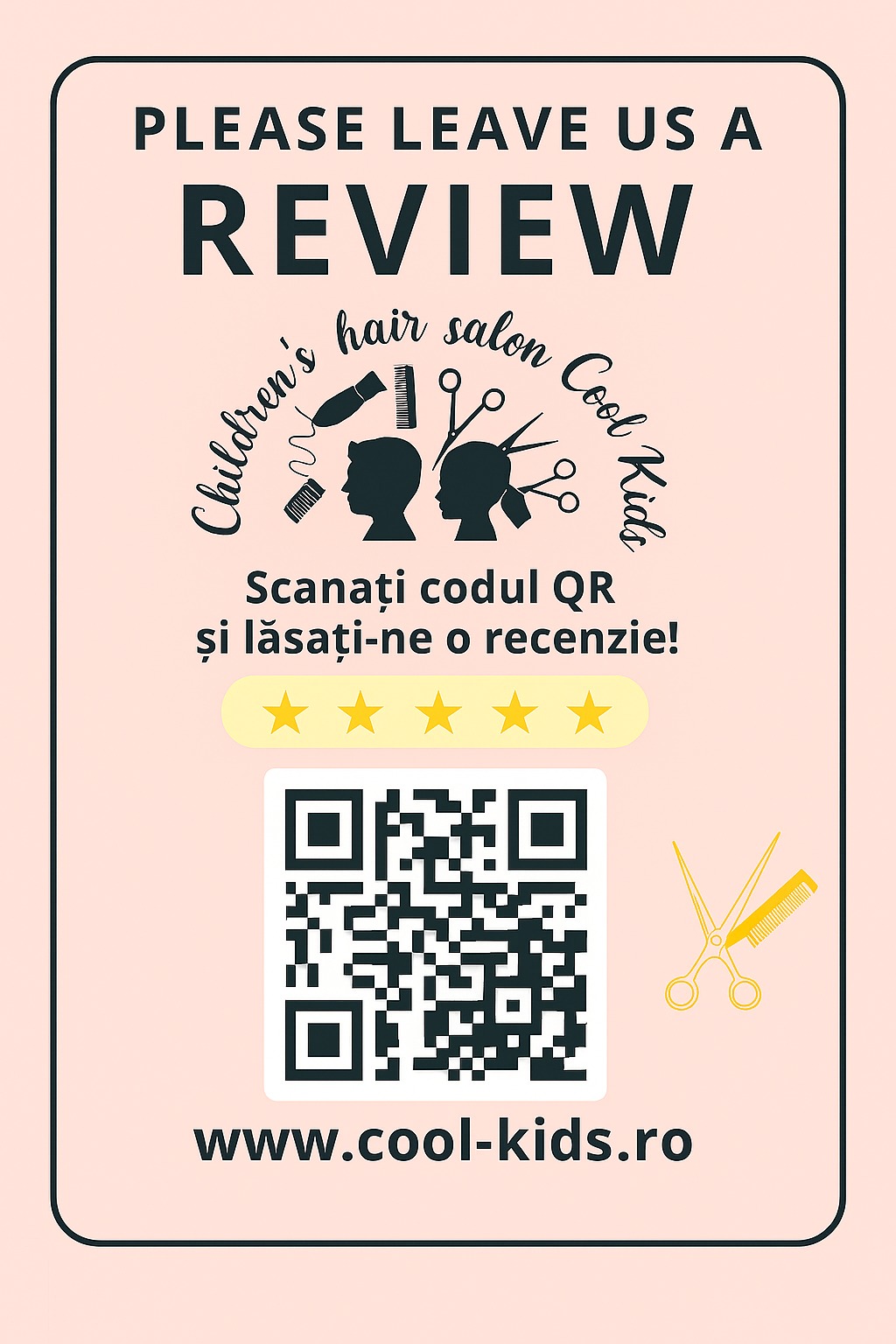 Afiș personalizat Cool Kids cu un cod QR pentru recenzii